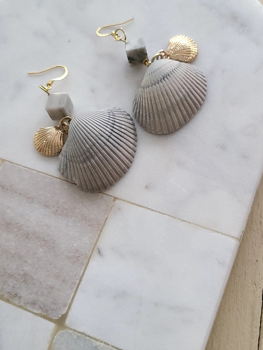 Gold Accent Gray Shell Drop Earrings - Women Jewelry Earrings